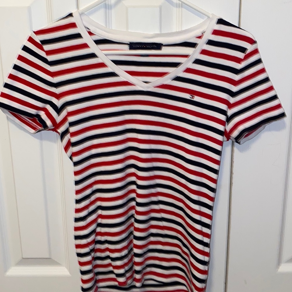 Tommy Hilfiger red, white, and blue striped shirt size Medium